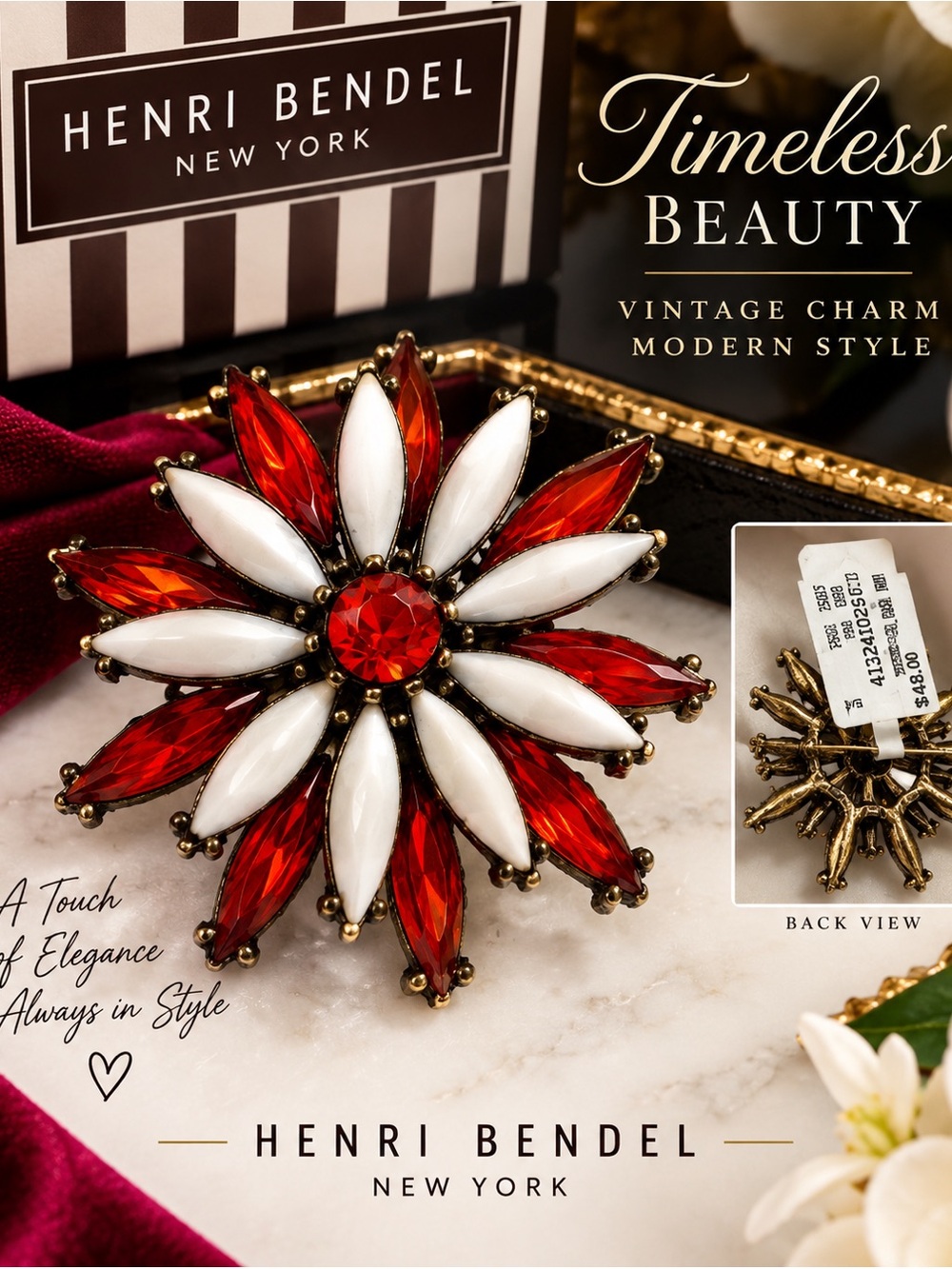 henri bendel Red and White Floral Sunburst Brooch
